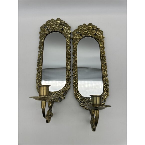 Vintage Brass Floral Ornate Mirror 14” Wall Sconce Set Hollywood Regency MCM - Picture 1 of 14